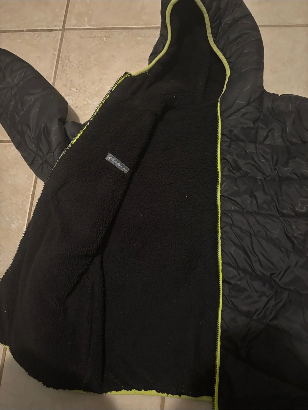 Eddie Bauer Kids Black Hooded Puffer Jacket with Lime Trim
